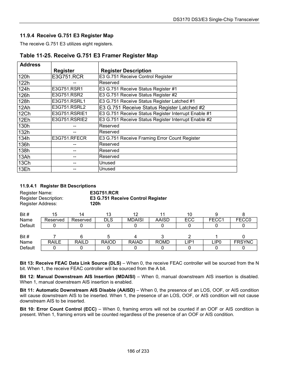 Receive g.751 e3 register map, Register bit descriptions, Table 11-25. receive g.751 e3 framer register map | E3g751.rcr | Rainbow Electronics DS3170 User Manual | Page 186 / 233