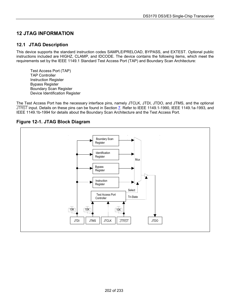 Jtag information, Jtag description, Jtag d | Escription, Figure 12-1. jtag block diagram, 12 jtag information, 1 jtag description | Rainbow Electronics DS3170 User Manual | Page 202 / 233