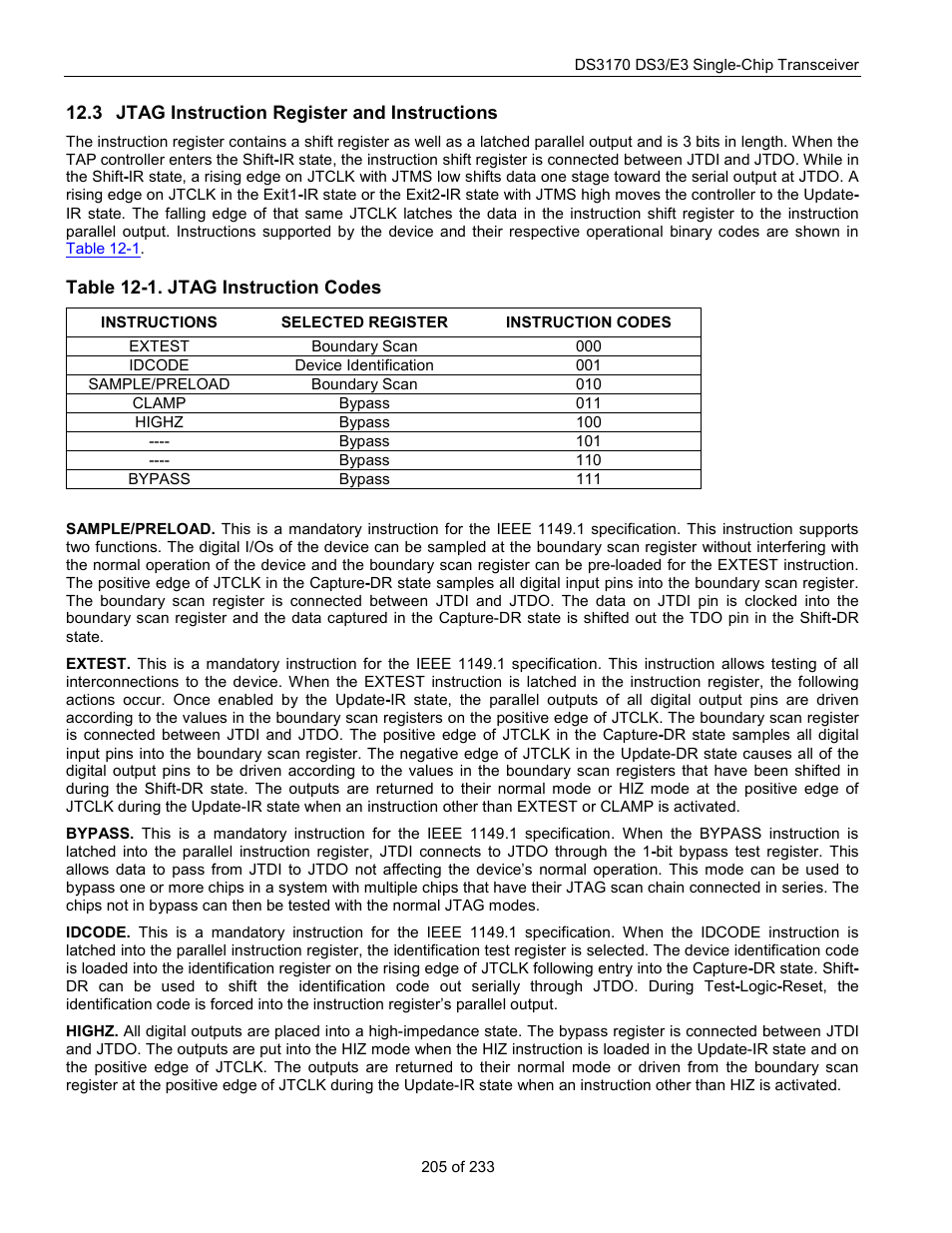 Jtag instruction register and instructions, Jtag i, Nstruction | Egister and, Nstructions, Table 12-1. jtag instruction codes | Rainbow Electronics DS3170 User Manual | Page 205 / 233