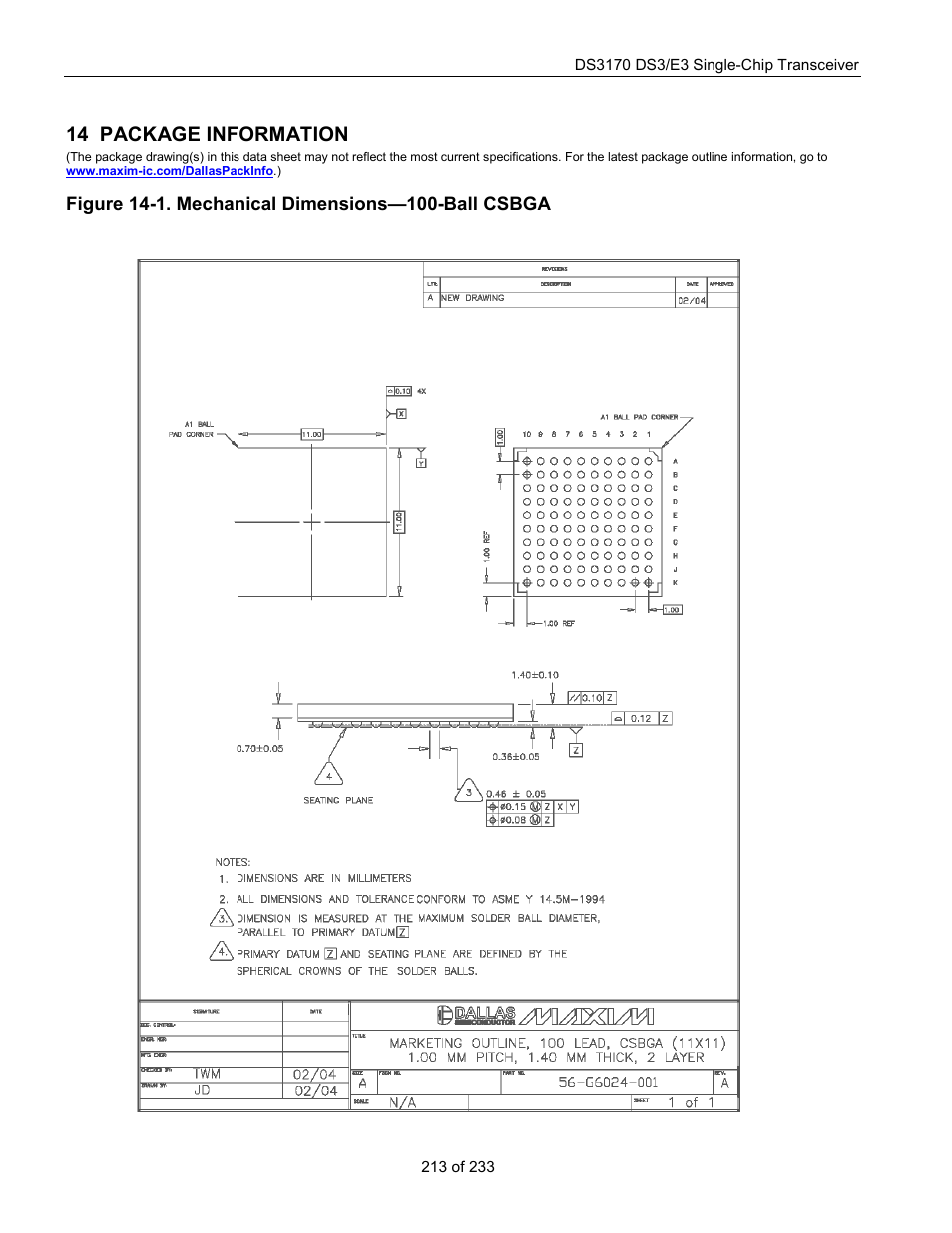 Package information, Figure 14-1. mechanical dimensions—100-ball csbga, 14 package information | Rainbow Electronics DS3170 User Manual | Page 213 / 233