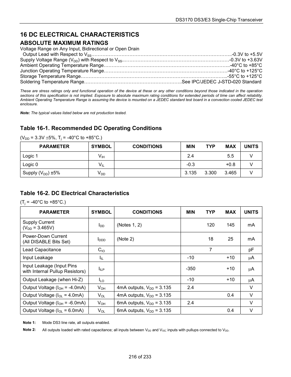 Dc electrical characteristics, Table 16-1. recommended dc operating conditions, Table 16-2. dc electrical characteristics | 16 dc electrical characteristics, Absolute maximum ratings | Rainbow Electronics DS3170 User Manual | Page 216 / 233