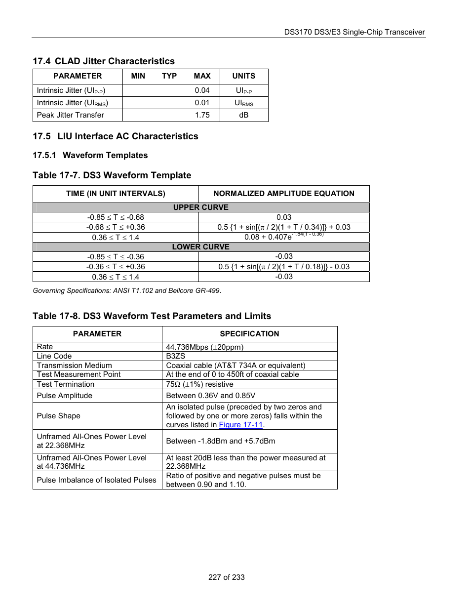 Clad jitter characteristics, Liu interface ac characteristics, Waveform templates | Clad j, Itter, Haracteristics, Liu i, Nterface, Ac c, Table 17-7. ds3 waveform template | Rainbow Electronics DS3170 User Manual | Page 227 / 233