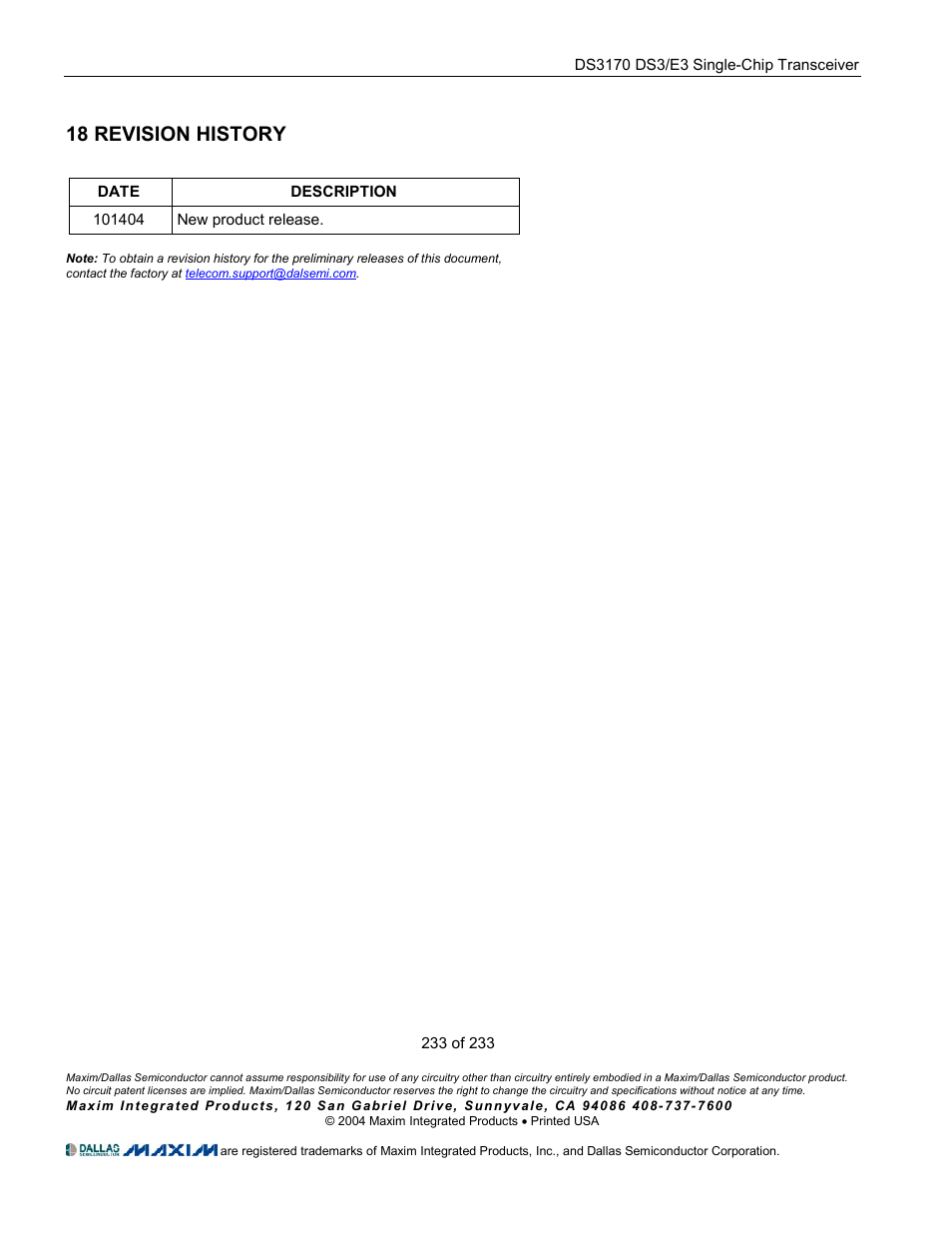 Revision history, 18 revision history | Rainbow Electronics DS3170 User Manual | Page 233 / 233