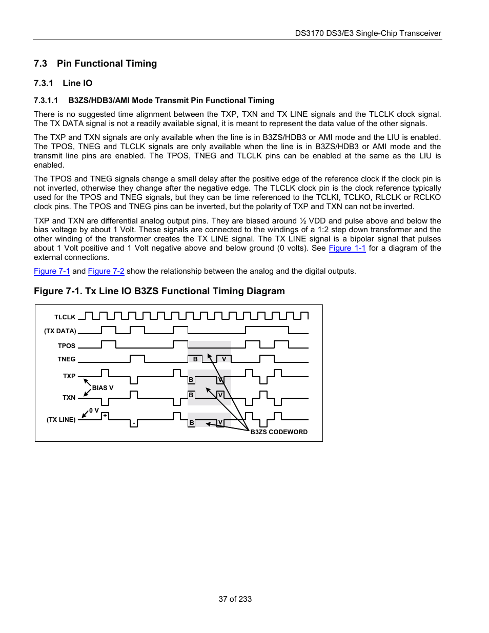 Pin functional timing, Line io, B3zs/hdb3/ami mode transmit pin functional timing | Unctional, Iming, 3 pin functional timing | Rainbow Electronics DS3170 User Manual | Page 37 / 233