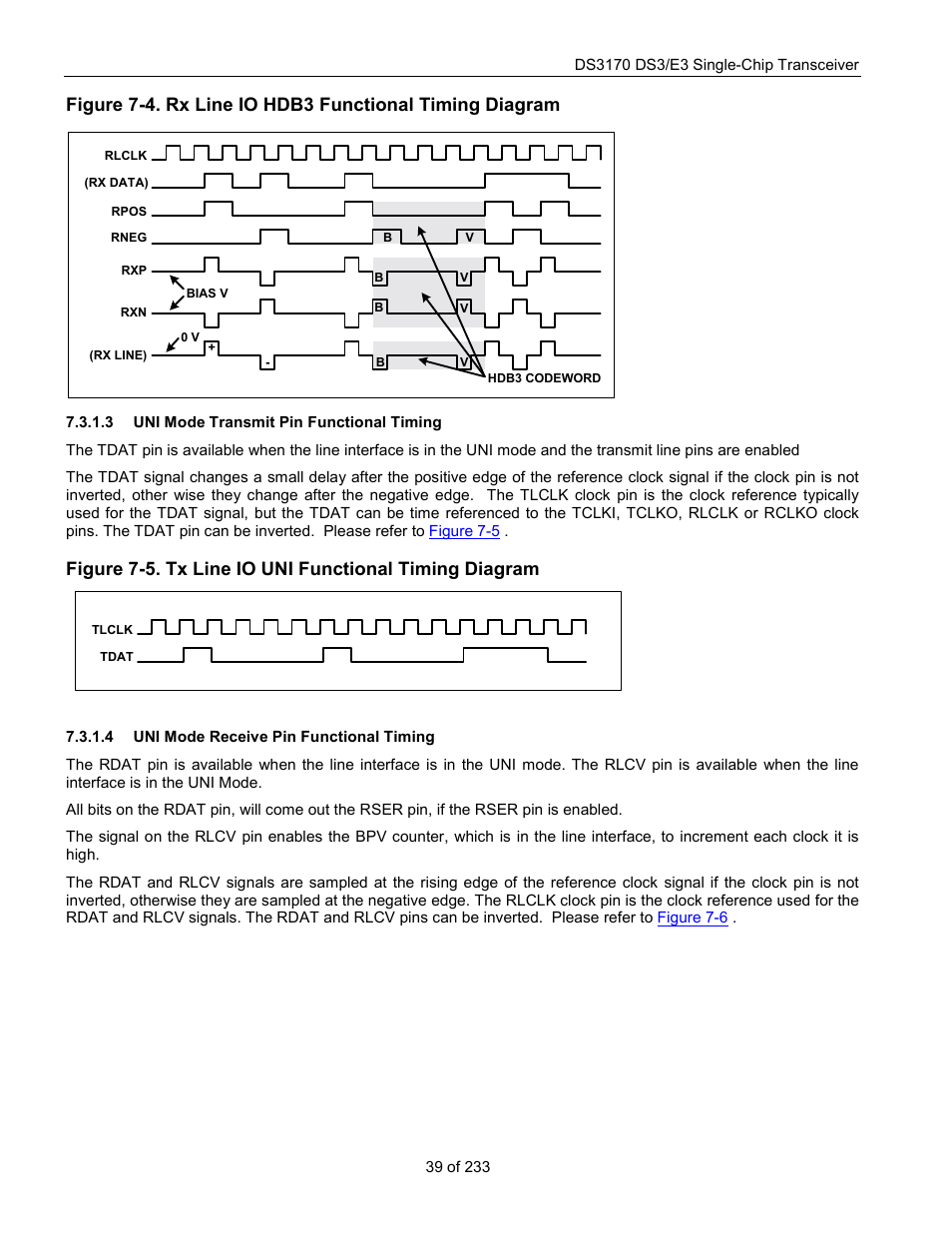 Uni mode transmit pin functional timing, Uni mode receive pin functional timing, Figure 7-4 | Rainbow Electronics DS3170 User Manual | Page 39 / 233