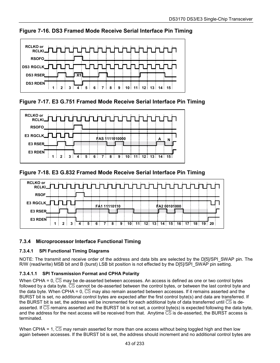 Microprocessor interface functional timing, Spi functional timing diagrams, Spi transmission format and cpha polarity | Pin signa, Figure 7-16, Figure 7-18, 4 microprocessor interface functional timing | Rainbow Electronics DS3170 User Manual | Page 43 / 233