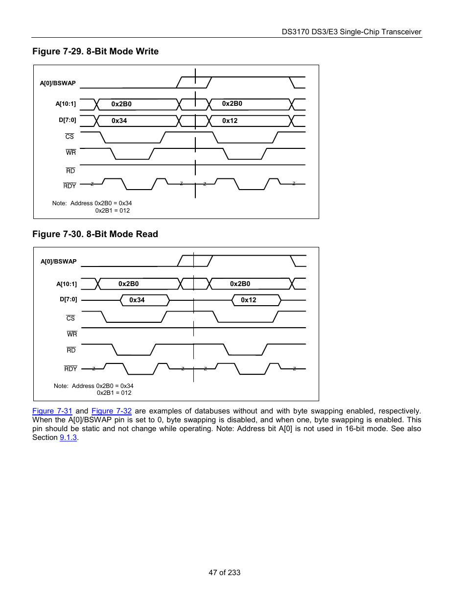 Figure 7-29. 8-bit mode write, Figure 7-30. 8-bit mode read, Figure 7-29 | Rainbow Electronics DS3170 User Manual | Page 47 / 233