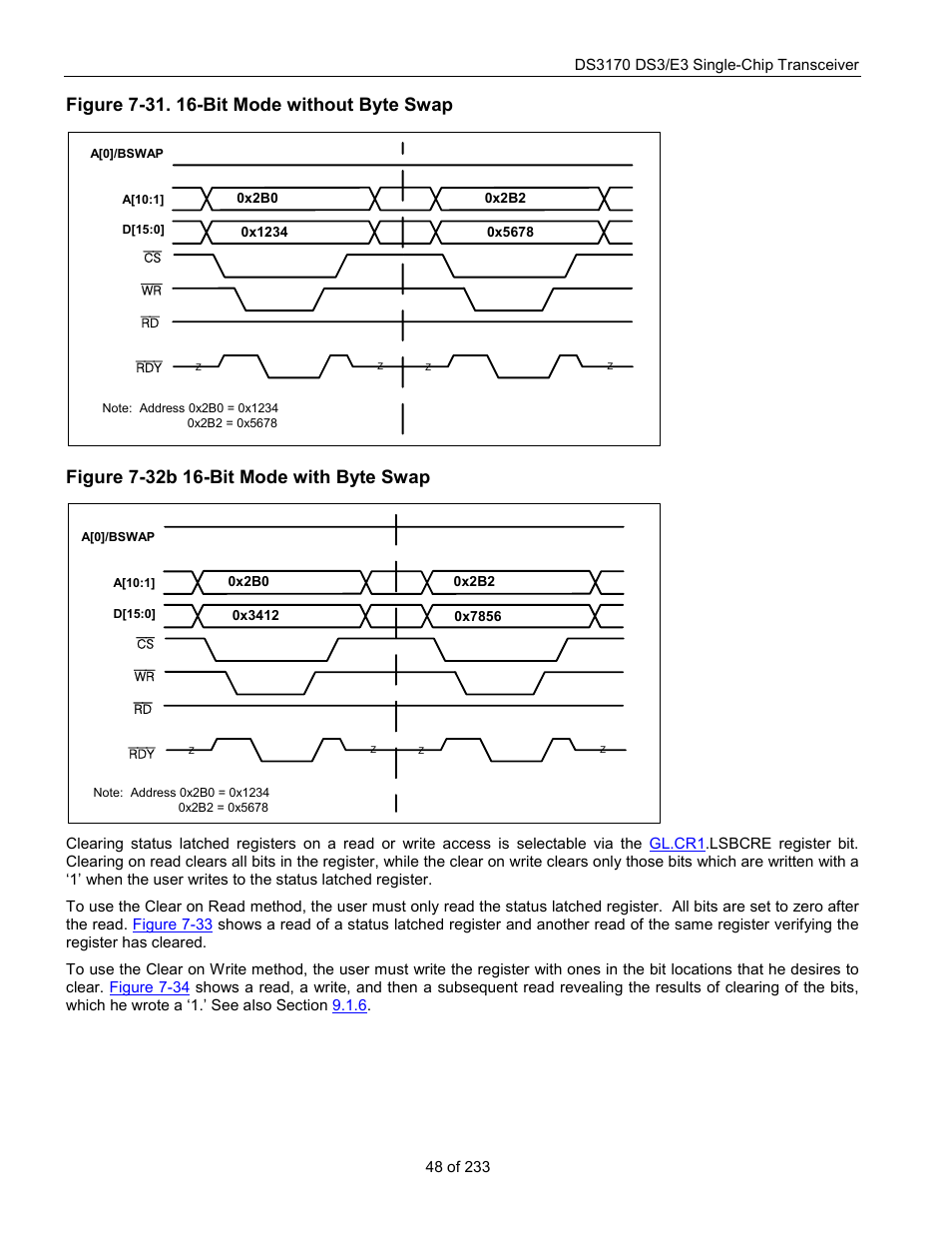 Figure 7-31. 16-bit mode without byte swap, Figure 7-32b 16-bit mode with byte swap, Figure 7-31 | Figure 7-32 | Rainbow Electronics DS3170 User Manual | Page 48 / 233