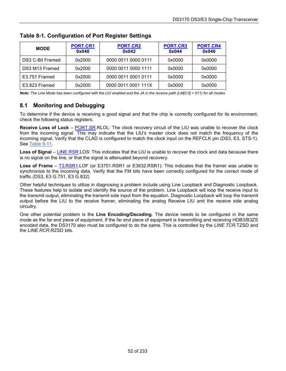 Monitoring and debugging, Onitoring and, Ebugging | Table 8-1. configuration of port register settings | Rainbow Electronics DS3170 User Manual | Page 52 / 233