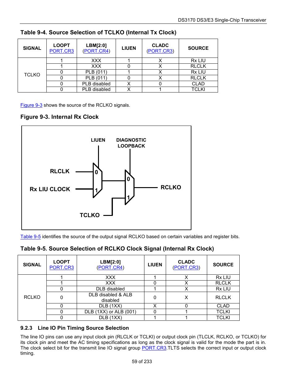 Line io pin timing source selection, Figure 9-3. internal rx clock, Table 9-4 | Rainbow Electronics DS3170 User Manual | Page 59 / 233