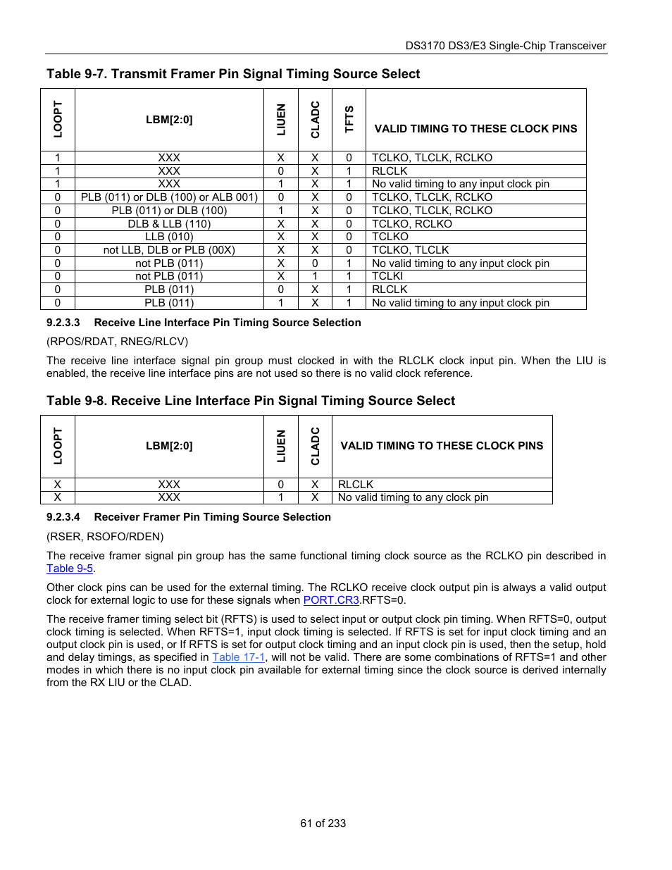 Receive line interface pin timing source selection, Receiver framer pin timing source selection | Rainbow Electronics DS3170 User Manual | Page 61 / 233