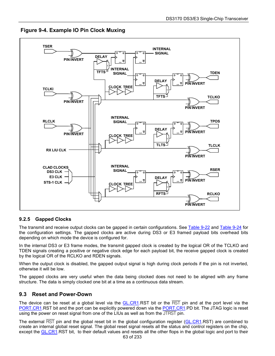 Gapped clocks, Reset and power-down, Eset and | Ower, Figure 9-4. example io pin clock muxing, 3 reset and power-down, 5 gapped clocks | Rainbow Electronics DS3170 User Manual | Page 63 / 233