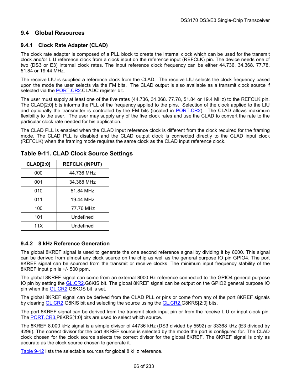 Global resources, Clock rate adapter (clad), 8 khz reference generation | Lobal, Esources, Table 9-11. clad clock source settings, Table 9-11 | Rainbow Electronics DS3170 User Manual | Page 66 / 233