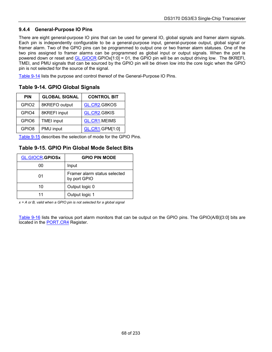 General-purpose io pins, Table 9-14. gpio global signals, Table 9-15. gpio pin global mode select bits | Rainbow Electronics DS3170 User Manual | Page 68 / 233