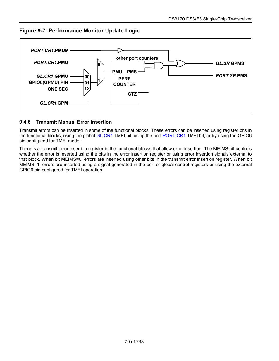 Transmit manual error insertion, Figure 9-7. performance monitor update logic | Rainbow Electronics DS3170 User Manual | Page 70 / 233