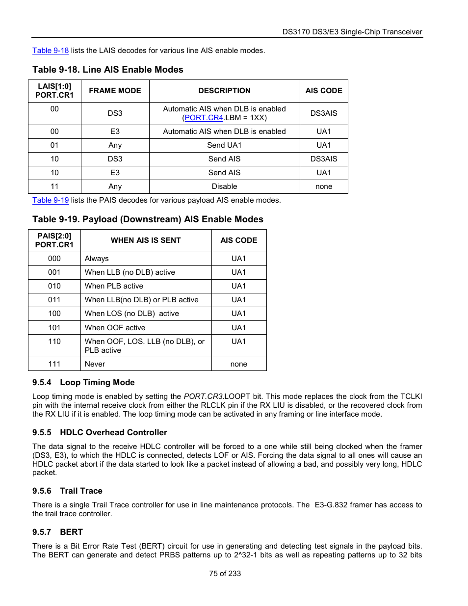 Loop timing mode, Hdlc overhead controller, Trail trace | Bert, Table 9-18. line ais enable modes, Table 9-19. payload (downstream) ais enable modes, Table 9-18 | Rainbow Electronics DS3170 User Manual | Page 75 / 233