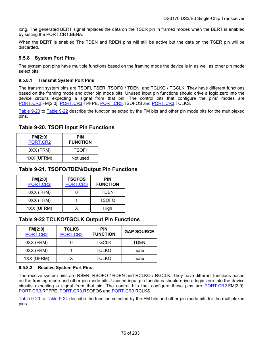 System port pins, Transmit system port pins, Receive system port pins | Table 9-20. tsofi input pin functions, Table 9-21. tsofo/tden/output pin functions, Table 9-22 tclko/tgclk output pin functions, Table 9-20, Table 9-22, Table 9-21 | Rainbow Electronics DS3170 User Manual | Page 76 / 233