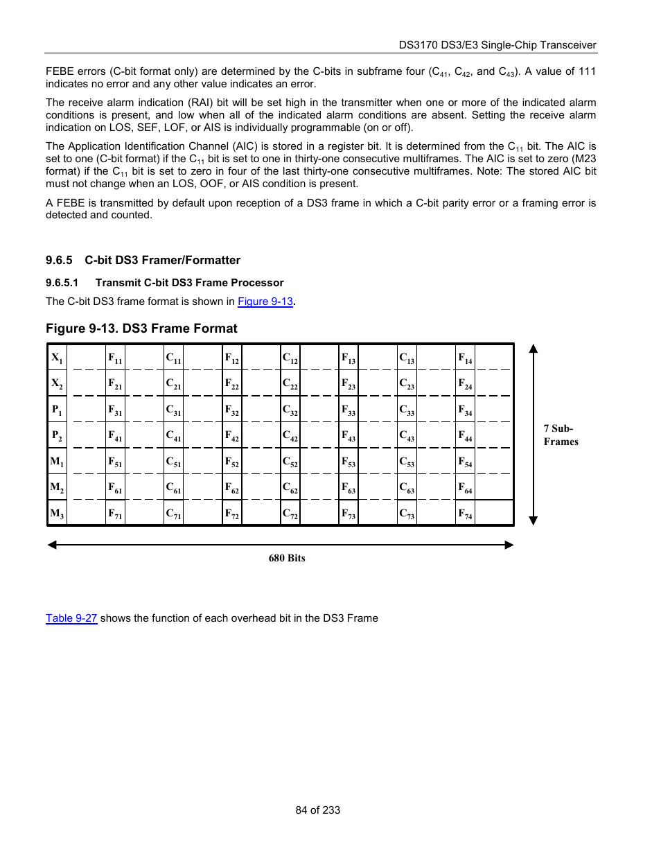 C-bit ds3 framer/formatter, Transmit c-bit ds3 frame processor, Figure 9-13. ds3 frame format | 5 c-bit ds3 framer/formatter | Rainbow Electronics DS3170 User Manual | Page 84 / 233