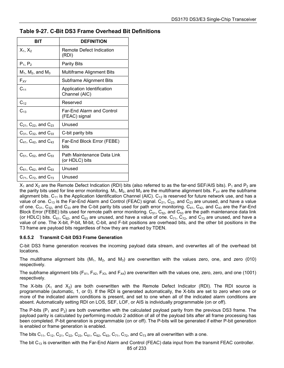 Transmit c-bit ds3 frame generation, Table 9-27 | Rainbow Electronics DS3170 User Manual | Page 85 / 233