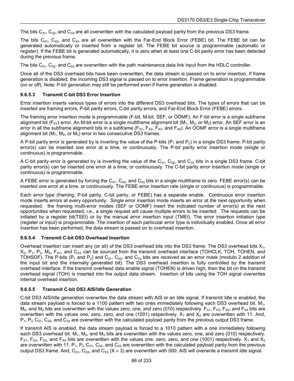 Transmit c-bit ds3 error insertion, Transmit c-bit ds3 overhead insertion, Transmit c-bit ds3 ais/idle generation | Rainbow Electronics DS3170 User Manual | Page 86 / 233