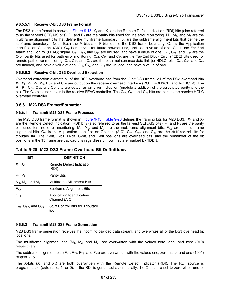 Receive c-bit ds3 frame format, Receive c-bit ds3 overhead extraction, M23 ds3 framer/formatter | Transmit m23 ds3 frame processor, Transmit m23 ds3 frame generation, Table 9-28. m23 ds3 frame overhead bit definitions, 6 m23 ds3 framer/formatter | Rainbow Electronics DS3170 User Manual | Page 87 / 233