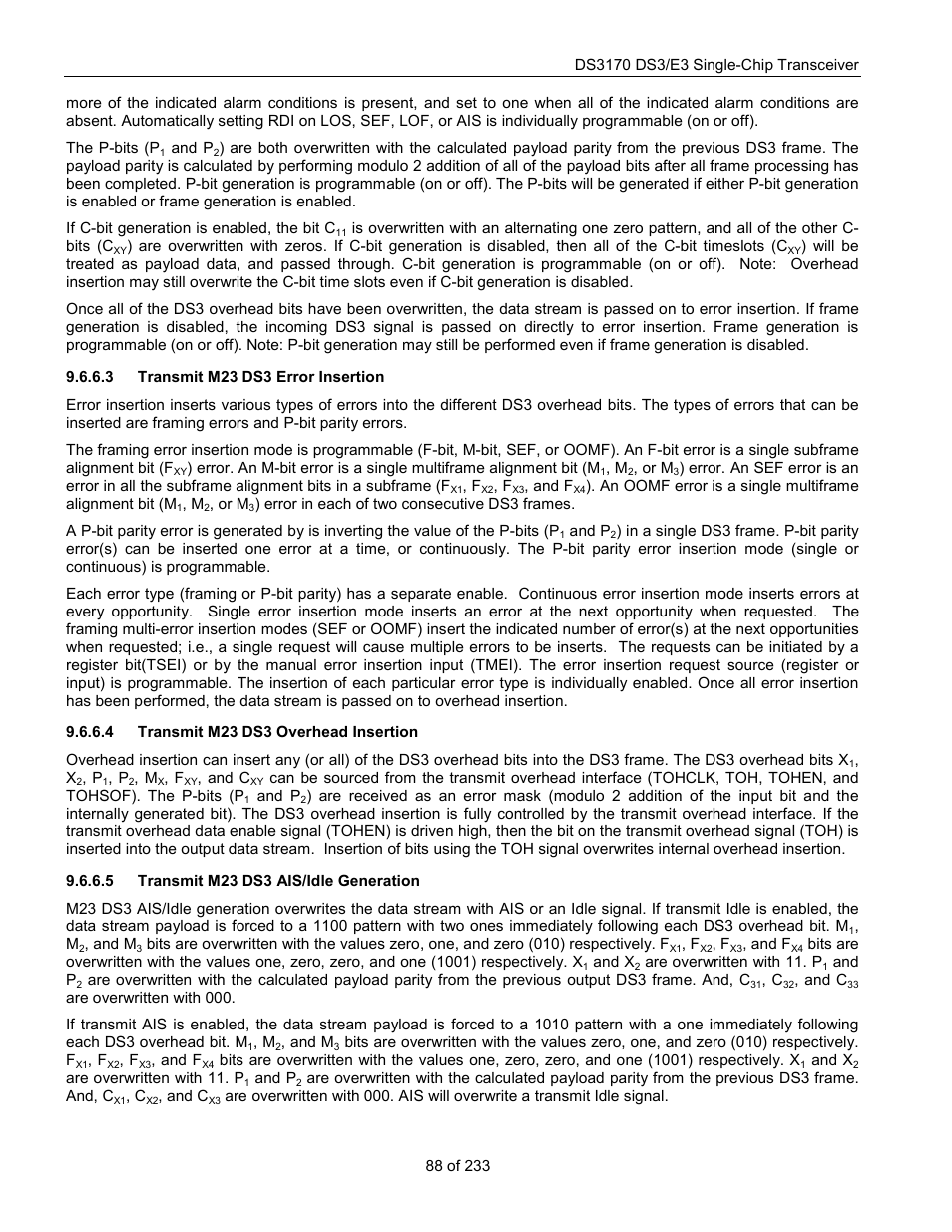 Transmit m23 ds3 error insertion, Transmit m23 ds3 overhead insertion, Transmit m23 ds3 ais/idle generation | Rainbow Electronics DS3170 User Manual | Page 88 / 233