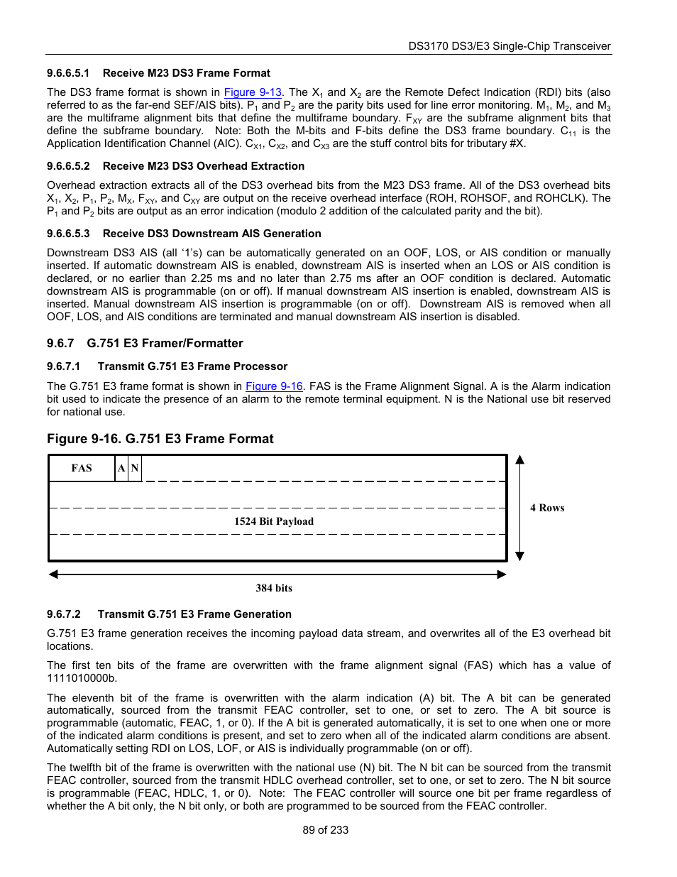 Receive m23 ds3 frame format, Receive m23 ds3 overhead extraction, Receive ds3 downstream ais generation | G.751 e3 framer/formatter, Transmit g.751 e3 frame processor, Transmit g.751 e3 frame generation, Figure 9-16. g.751 e3 frame format | Rainbow Electronics DS3170 User Manual | Page 89 / 233