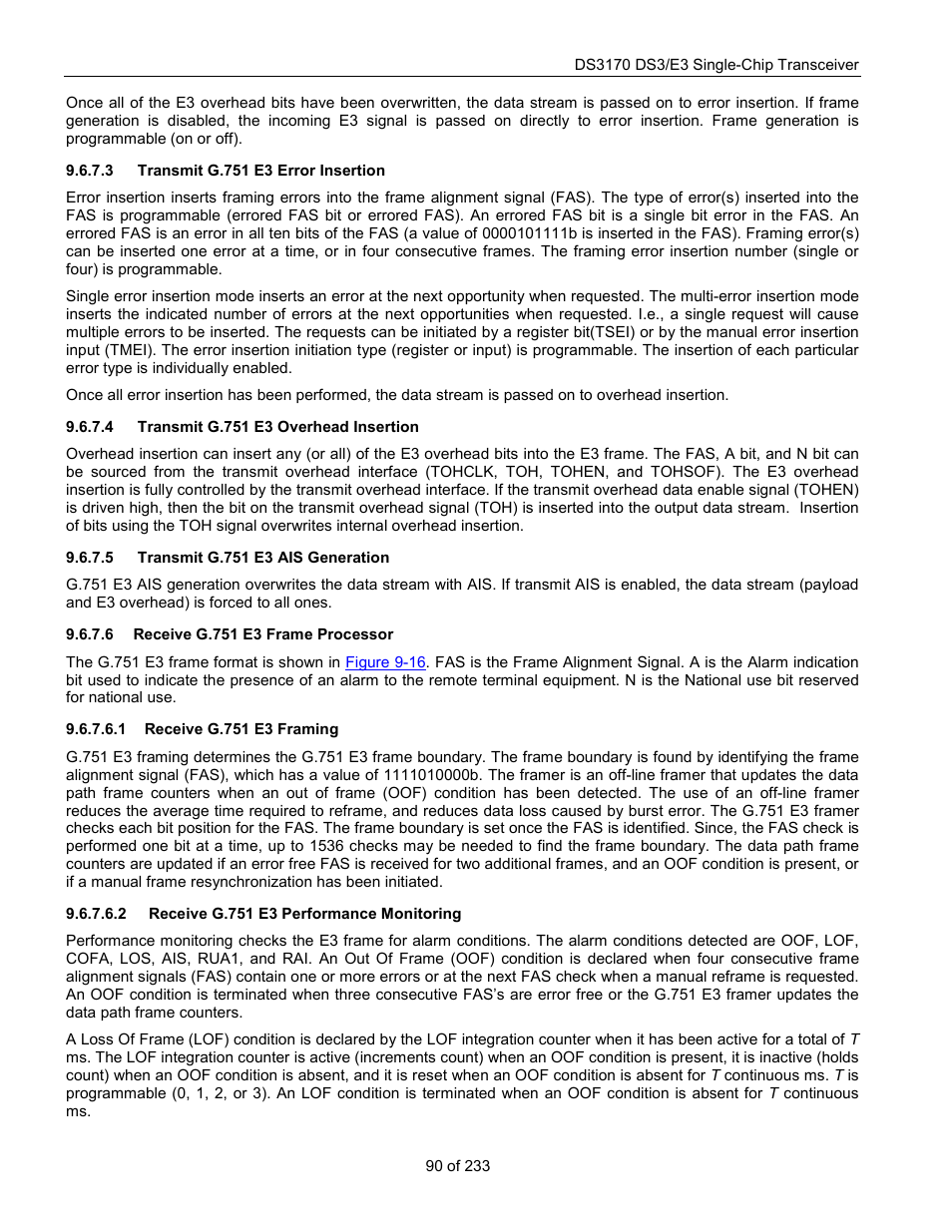 Transmit g.751 e3 error insertion, Transmit g.751 e3 overhead insertion, Transmit g.751 e3 ais generation | Receive g.751 e3 frame processor, Receive g.751 e3 framing, Receive g.751 e3 performance monitoring | Rainbow Electronics DS3170 User Manual | Page 90 / 233
