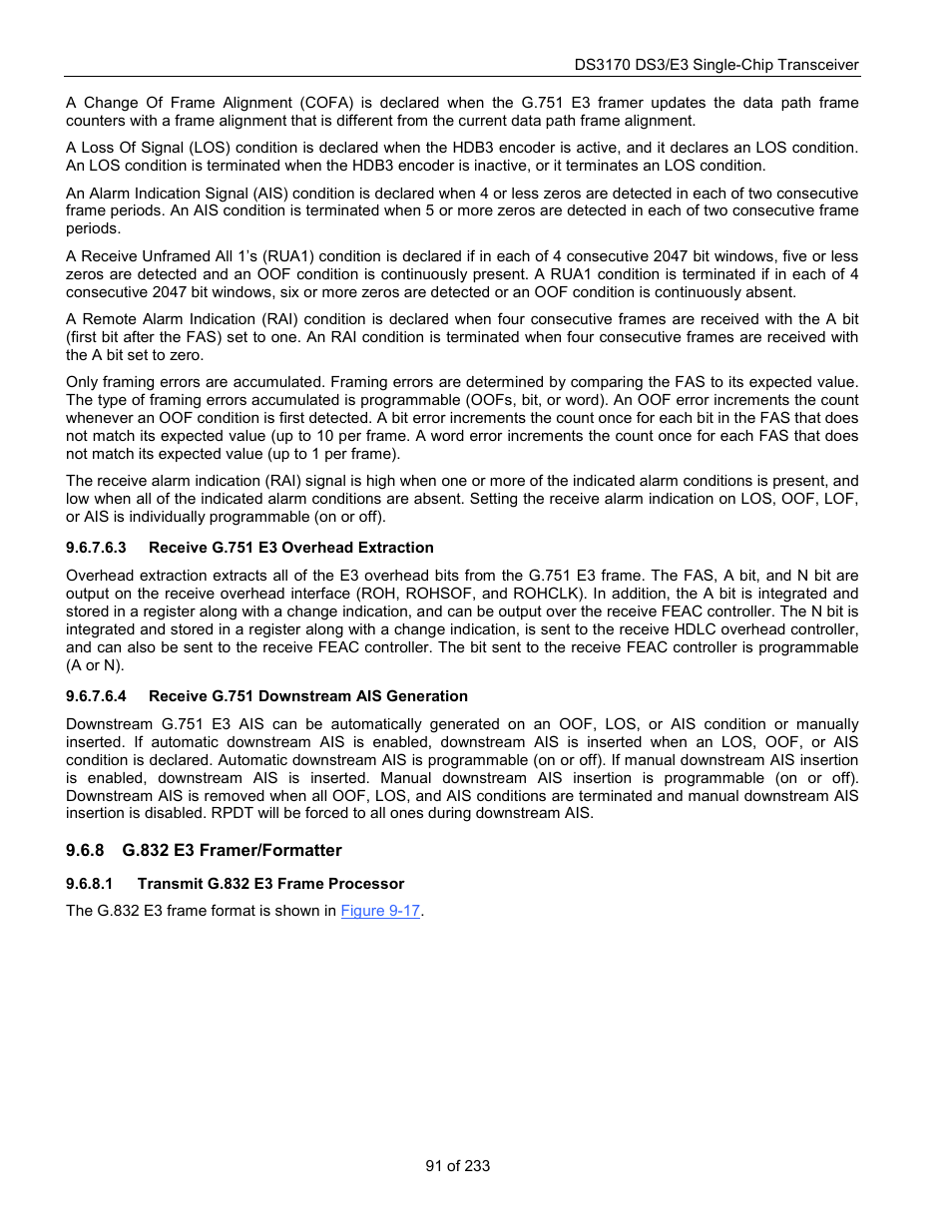 Receive g.751 e3 overhead extraction, Receive g.751 downstream ais generation, G.832 e3 framer/formatter | Transmit g.832 e3 frame processor | Rainbow Electronics DS3170 User Manual | Page 91 / 233