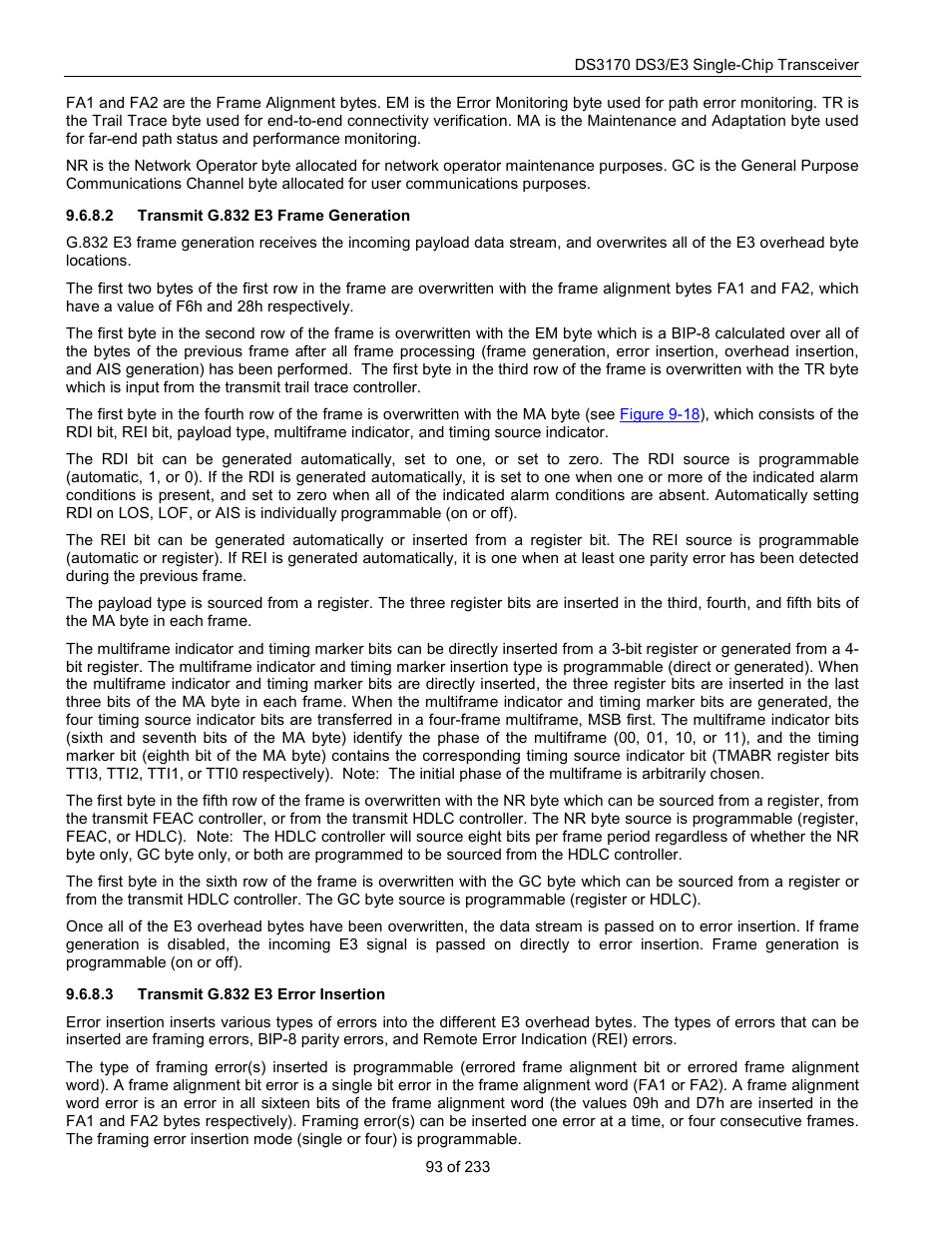 Transmit g.832 e3 frame generation, Transmit g.832 e3 error insertion | Rainbow Electronics DS3170 User Manual | Page 93 / 233