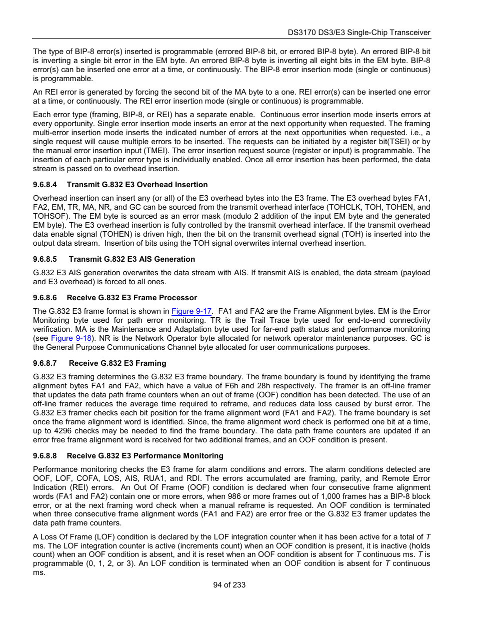 Transmit g.832 e3 overhead insertion, Transmit g.832 e3 ais generation, Receive g.832 e3 frame processor | Receive g.832 e3 framing, Receive g.832 e3 performance monitoring | Rainbow Electronics DS3170 User Manual | Page 94 / 233