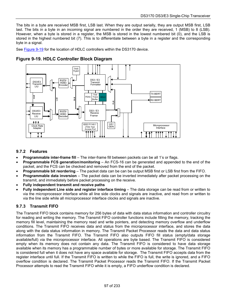 Features, Transmit fifo, Figure 9-19. hdlc controller block diagram | 2 features, 3 transmit fifo | Rainbow Electronics DS3170 User Manual | Page 97 / 233