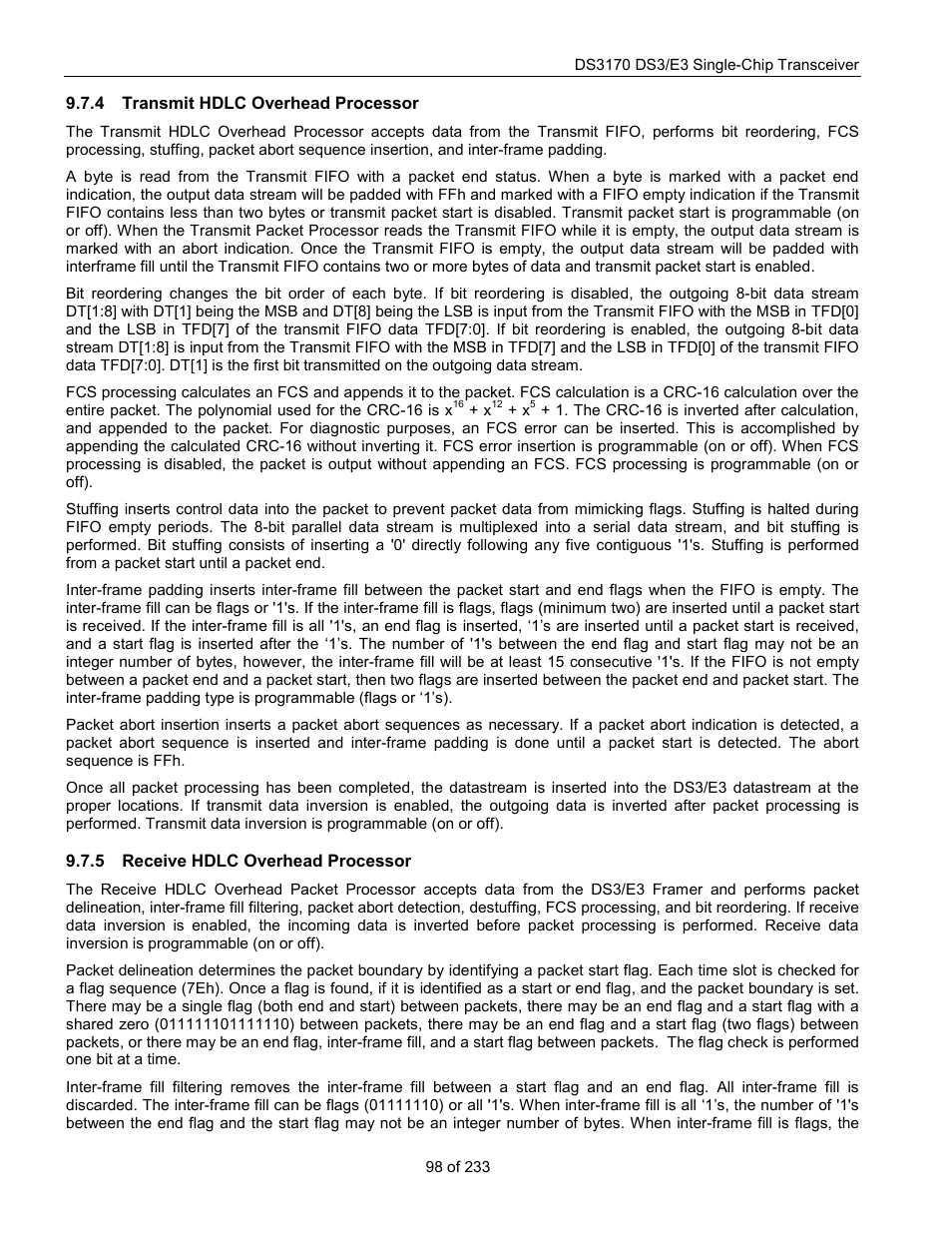 Transmit hdlc overhead processor, Receive hdlc overhead processor | Rainbow Electronics DS3170 User Manual | Page 98 / 233