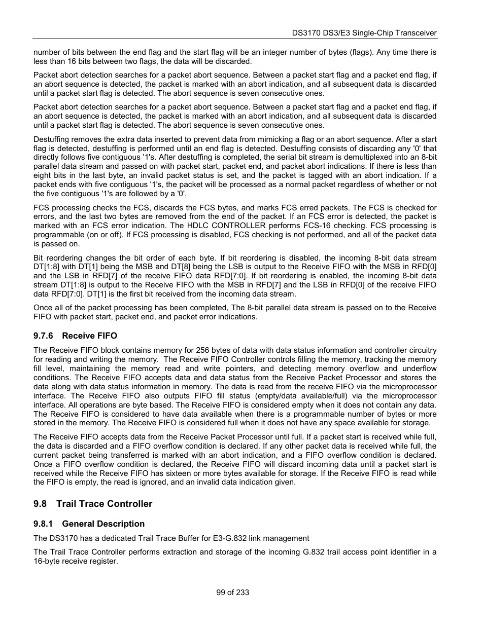 Receive fifo, Trail trace controller, General description | Rail, Race, Ontroller | Rainbow Electronics DS3170 User Manual | Page 99 / 233