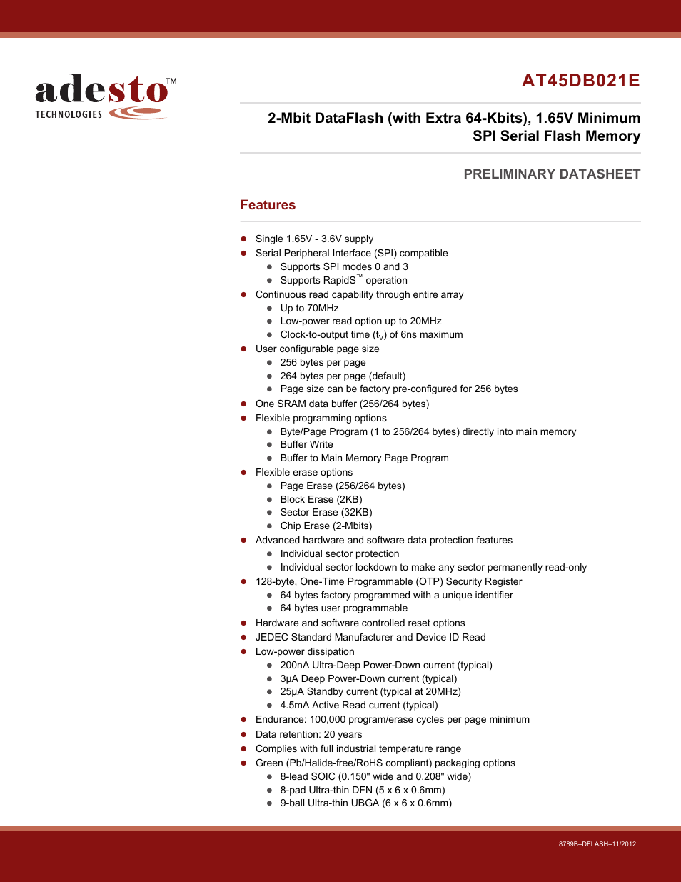 Rainbow Electronics AT45DB021E User Manual | 69 pages