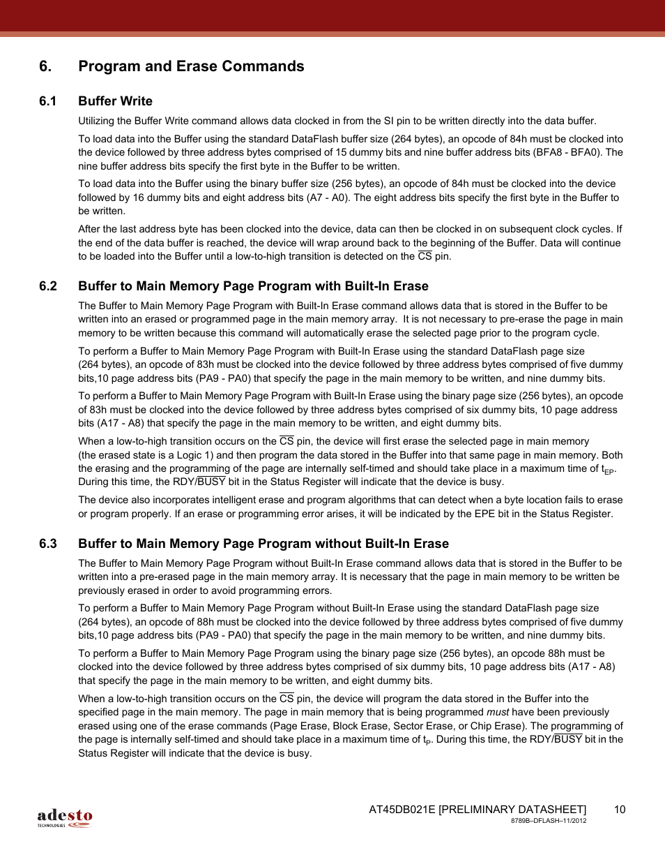 Program and erase commands, 1 buffer write | Rainbow Electronics AT45DB021E User Manual | Page 10 / 69