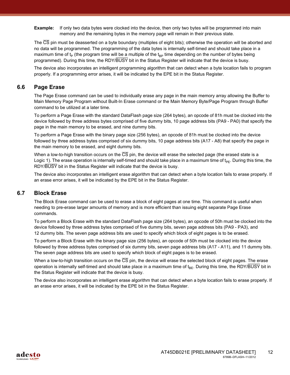 7 block erase, 6 page erase | Rainbow Electronics AT45DB021E User Manual | Page 12 / 69