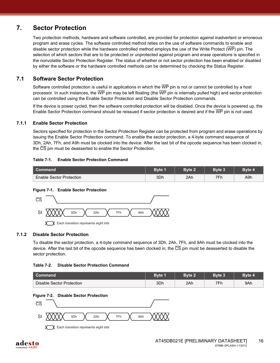 Sector protection, 1 software sector protection, 1 enable sector protection | 2 disable sector protection | Rainbow Electronics AT45DB021E User Manual | Page 16 / 69