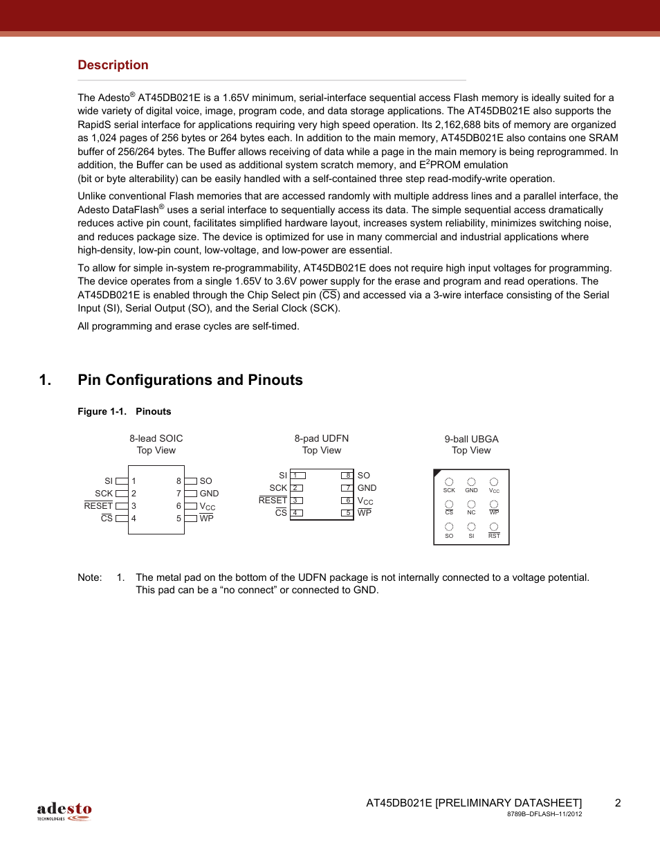 Description, Pin configurations and pinouts | Rainbow Electronics AT45DB021E User Manual | Page 2 / 69