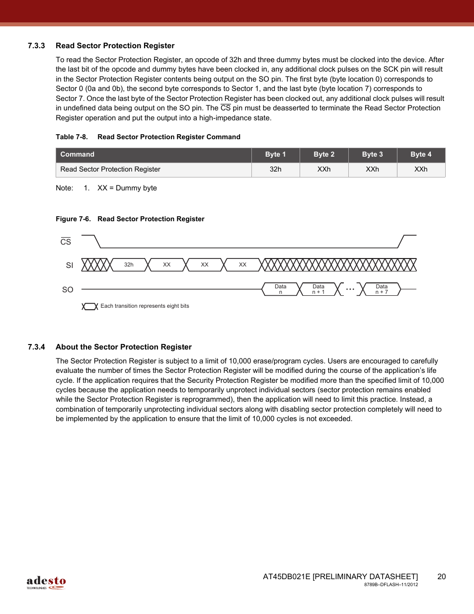 3 read sector protection register, 4 about the sector protection register | Rainbow Electronics AT45DB021E User Manual | Page 20 / 69