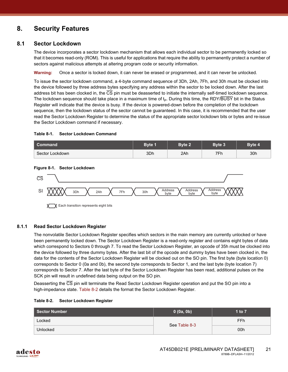 Security features, 1 sector lockdown, 1 read sector lockdown register | Rainbow Electronics AT45DB021E User Manual | Page 21 / 69