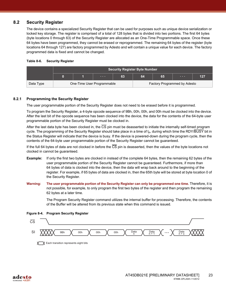 2 security register, 1 programming the security register | Rainbow Electronics AT45DB021E User Manual | Page 23 / 69
