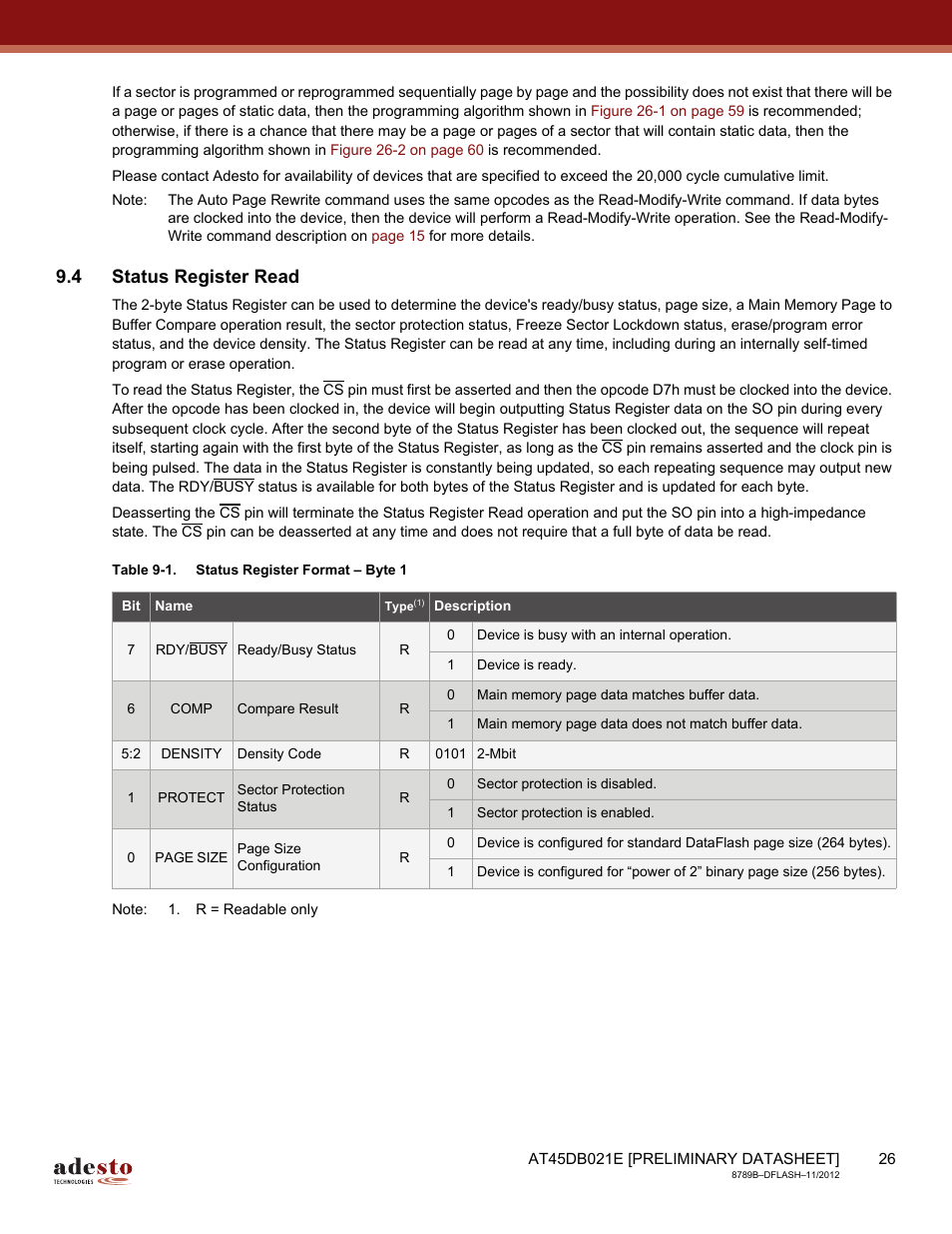 4 status register read | Rainbow Electronics AT45DB021E User Manual | Page 26 / 69