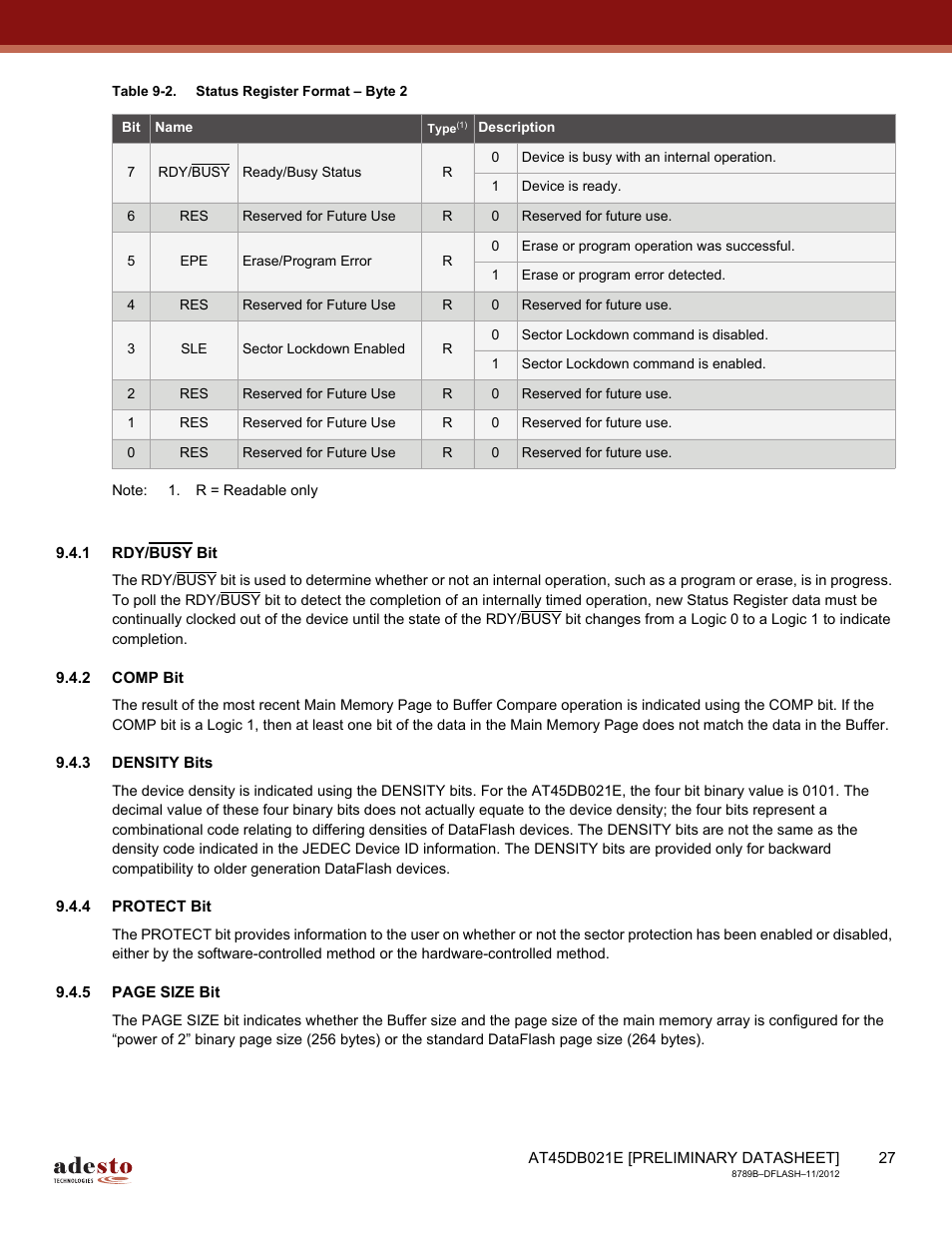 1 rdy/busy bit, 2 comp bit, 3 density bits | 4 protect bit | Rainbow Electronics AT45DB021E User Manual | Page 27 / 69