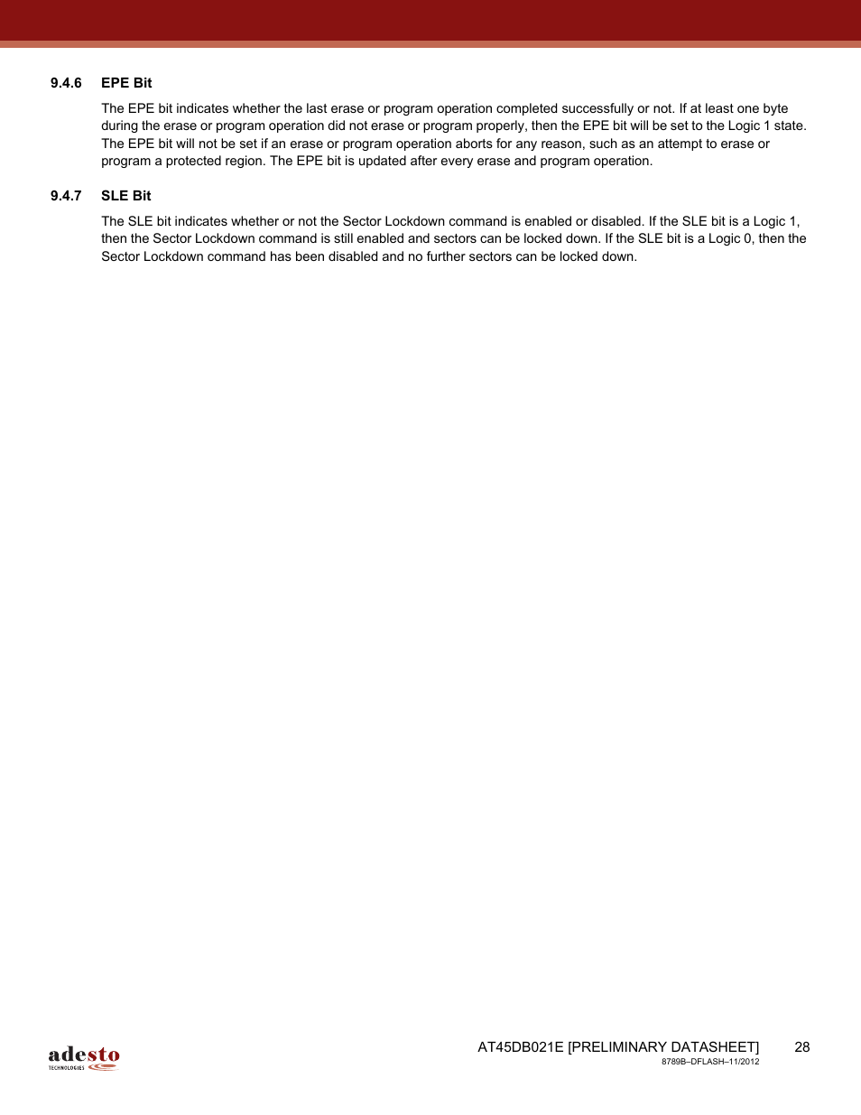 6 epe bit, 7 sle bit | Rainbow Electronics AT45DB021E User Manual | Page 28 / 69