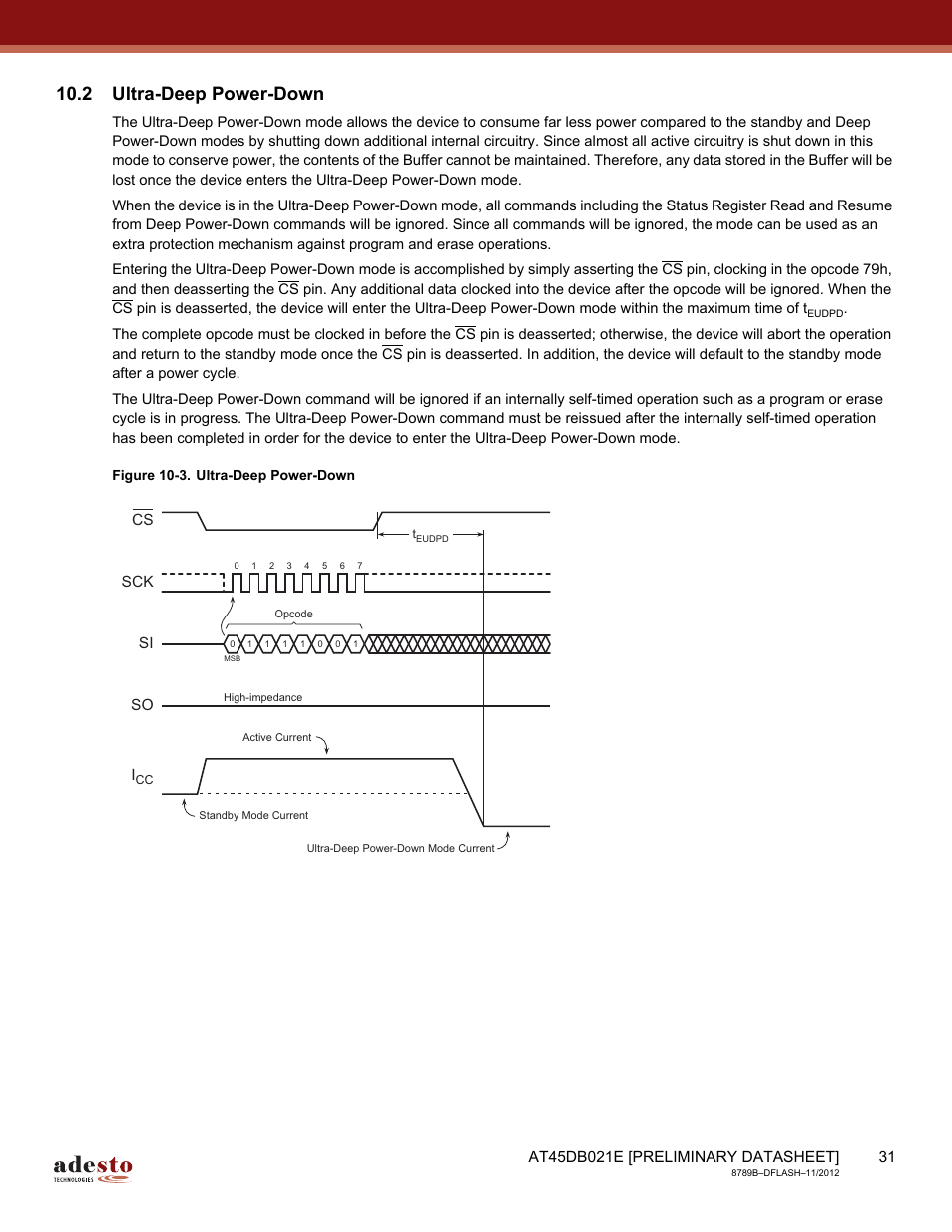 2 ultra-deep power-down, Sck cs si so | Rainbow Electronics AT45DB021E User Manual | Page 31 / 69