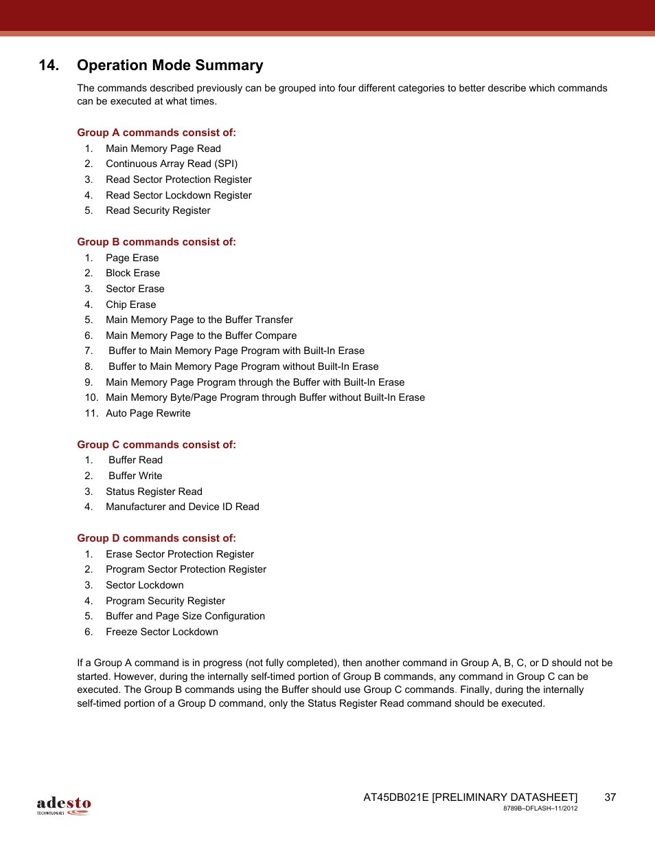 Operation mode summary, Group a commands consist of, Group b commands consist of | Group c commands consist of, Group d commands consist of | Rainbow Electronics AT45DB021E User Manual | Page 37 / 69