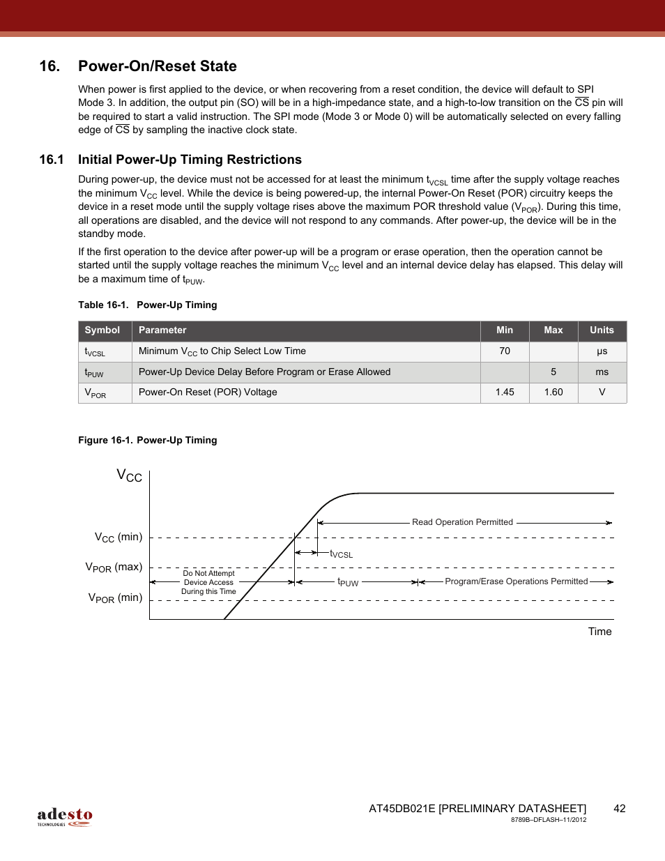 Power-on/reset state, 1 initial power-up timing restrictions | Rainbow Electronics AT45DB021E User Manual | Page 42 / 69