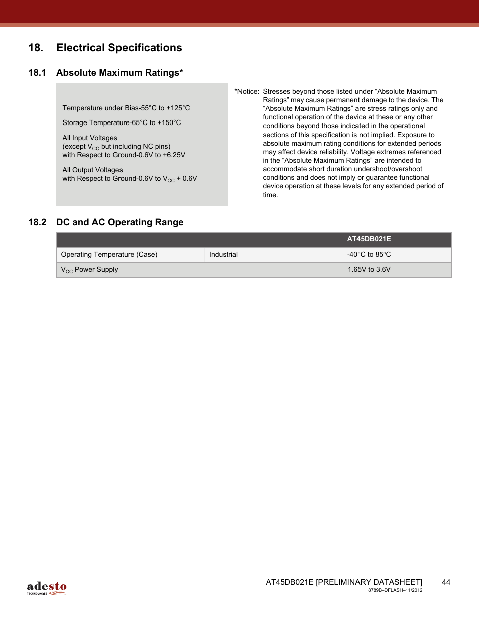 Electrical specifications, 1 absolute maximum ratings, 2 dc and ac operating range | Rainbow Electronics AT45DB021E User Manual | Page 44 / 69