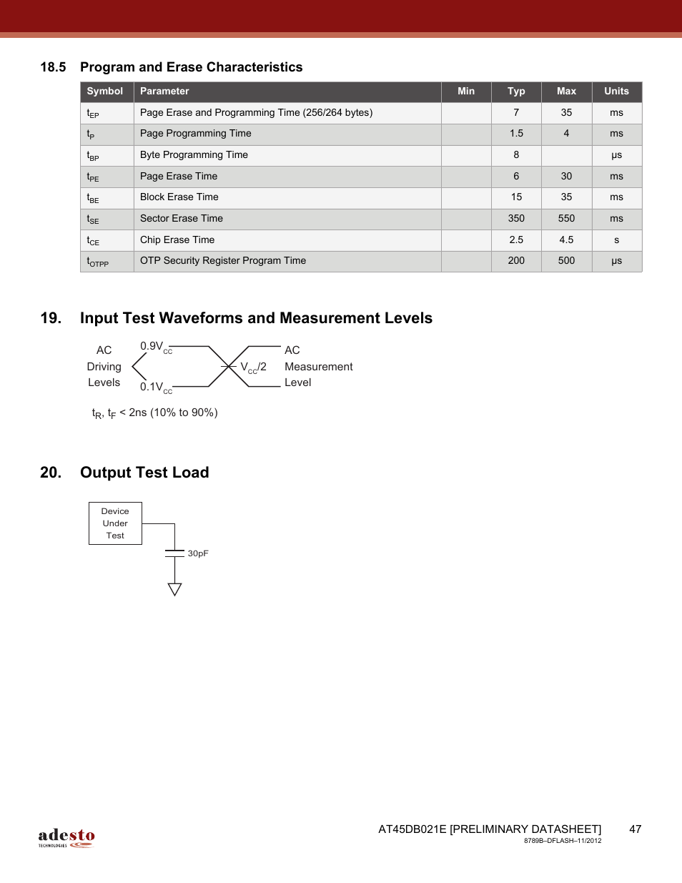 5 program and erase characteristics, Input test waveforms and measurement levels, Output test load | Rainbow Electronics AT45DB021E User Manual | Page 47 / 69